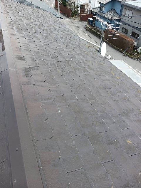 狭山市で太陽光パネル設置前に確認した屋根点検、スレートの色あせや苔付着、先端の劣化が見られました