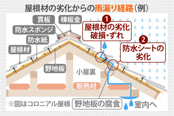 屋根材の劣化からの雨漏り経路（例）