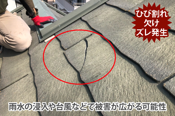 ひび割れ・欠け・ズレ発生は雨水の浸入や台風などで被害が広がる可能性